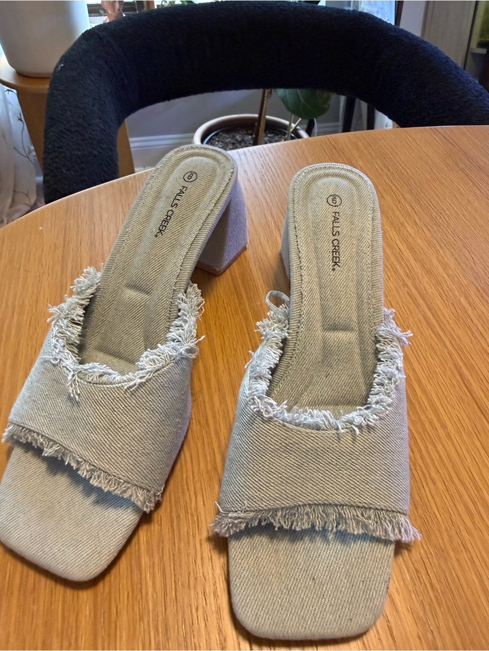 Falls Creek Denim Frayed Block Heel Mules Size 9